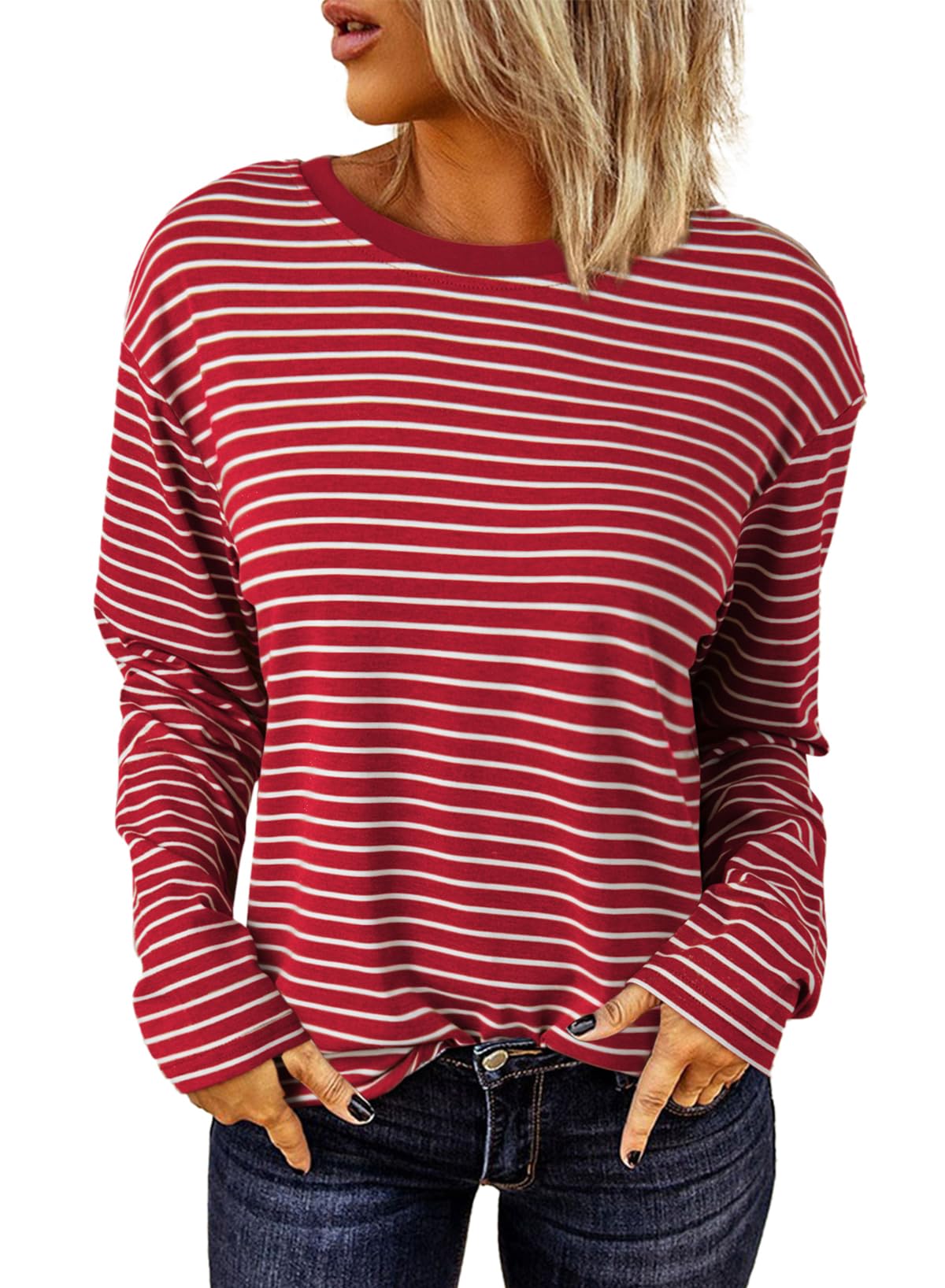 Dokotoo Langarmshirt Damen Rundhals Gestreift T-Shirt Basic Longsleeve Lässige Oberteile Shirt Tops S-XXL
