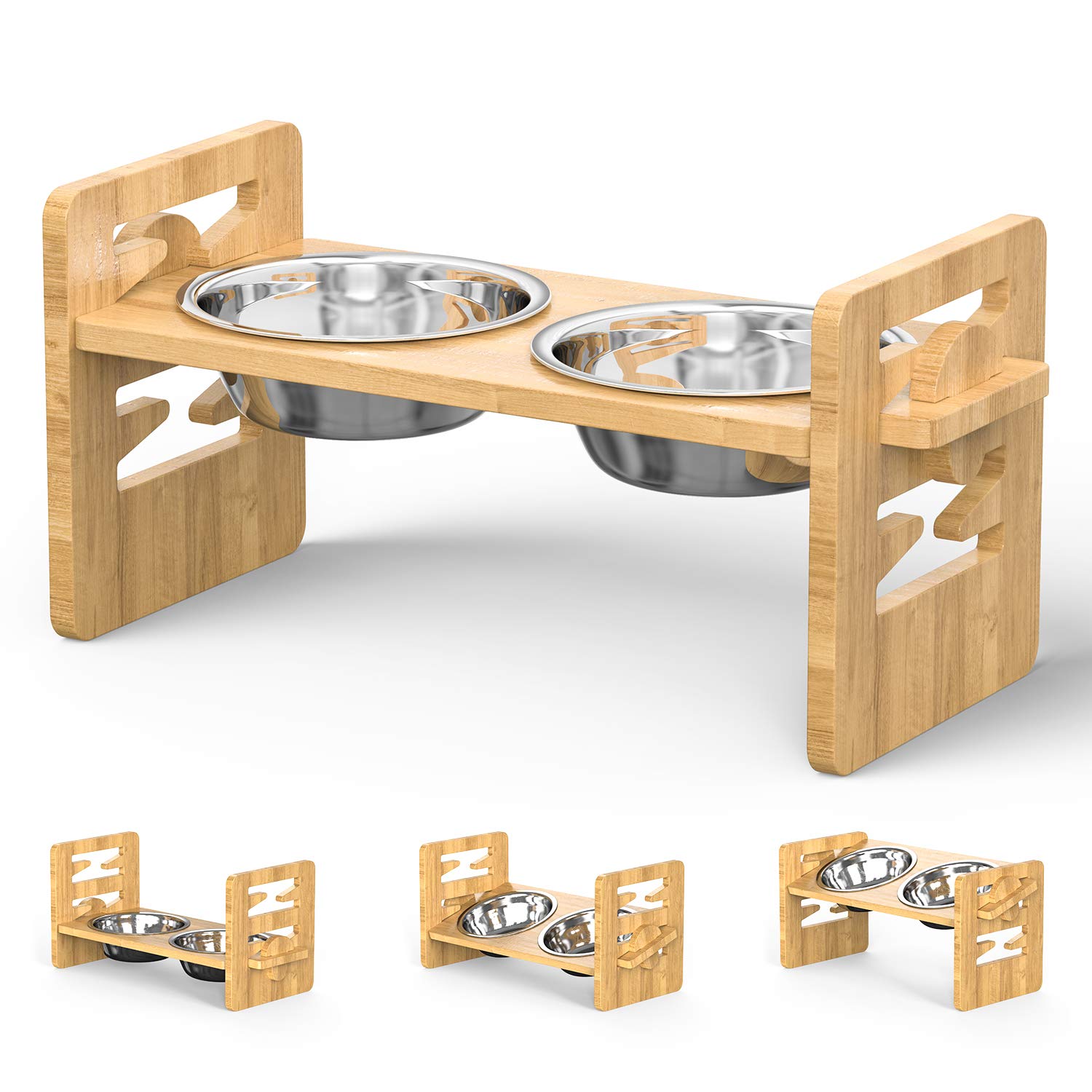 Elevated Dog Bowls, Raised Dog Bowls Pet Bowls with Stand for Dogs and Cats Adjustable Bamboo Feeder Dog Dishes with 2 Stainless Steel Bowls Dog Food and Water Bowls for Cat and Small&Medium Dog