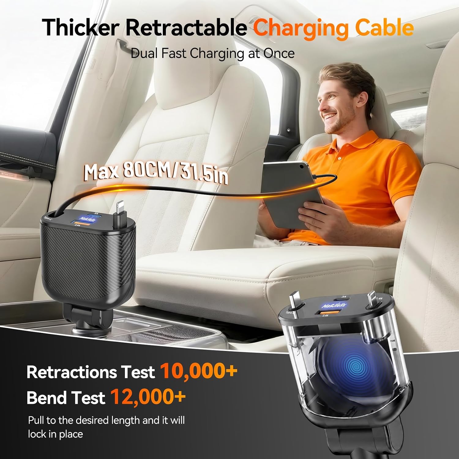 MAGJIEYX Retractable Car Charger, Fast Charging Adapter 62W Type-C/USB-i Cables and USB C/USB A QC & PD Ports for iPhone 17/16/15/14/13/12Pro Max Plus,iPad,AirPods, Galaxy
