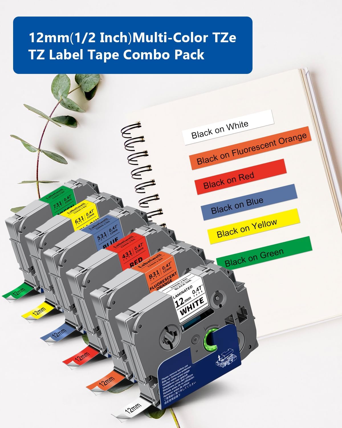 Labelwell 6-Pack TZ Tape 12mm 0.47 Laminated Compatible for P Touch Label Tape TZ TZe-B31 231 131 431 531 631 TZe231 for PTouch PT-H110 D210 D220 H103W, Flu.Orange/White/Red/Blue/Yellow/Green - Image 2