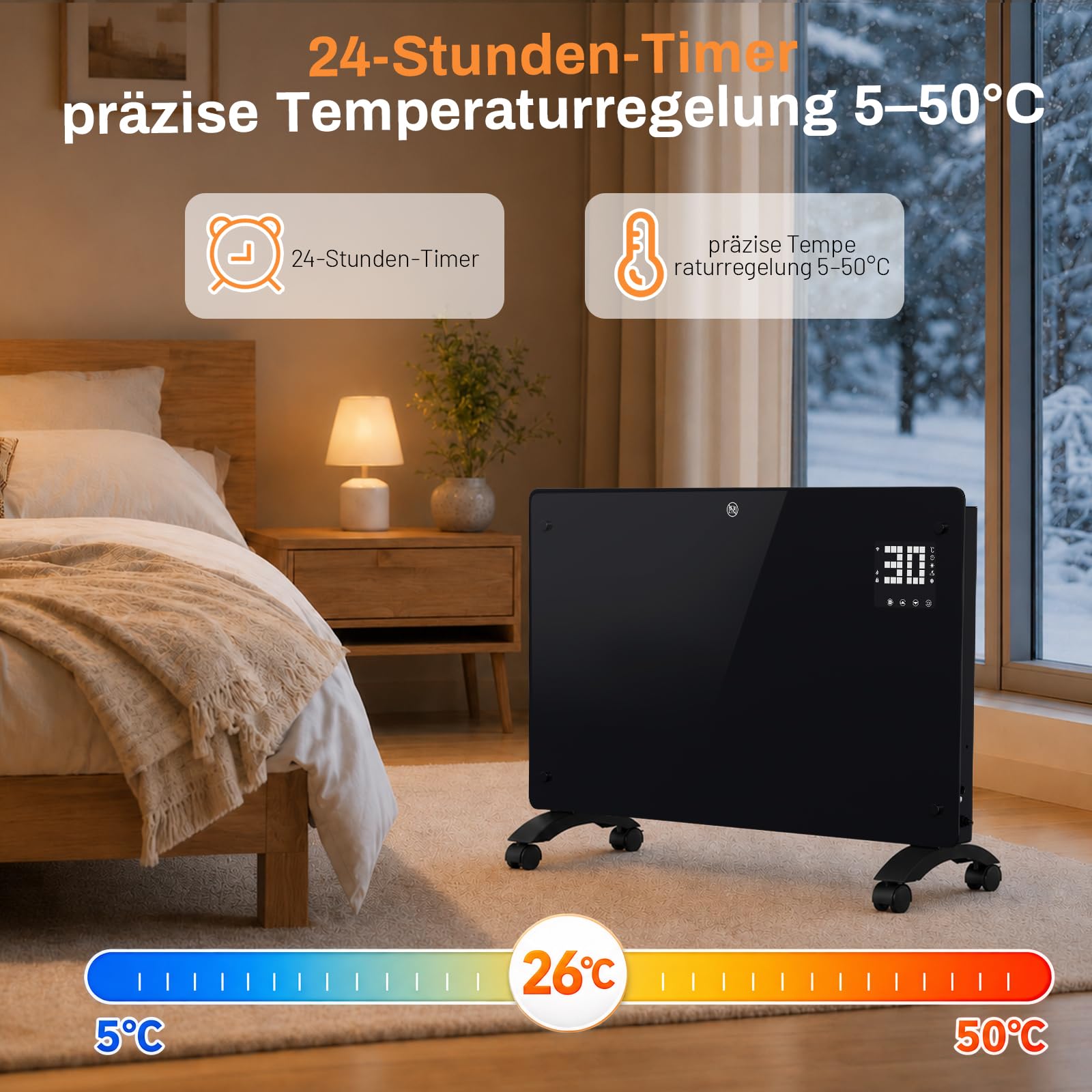 Daromigo Ogrzewanie elektryczne, konwektor szklany, konwektor, ogrzewanie z termostatem i pilotem zdalnego sterowania WiFi, grzejnik elektryczny IP24, montaż na ścianie, mobilne ogrzewanie na
