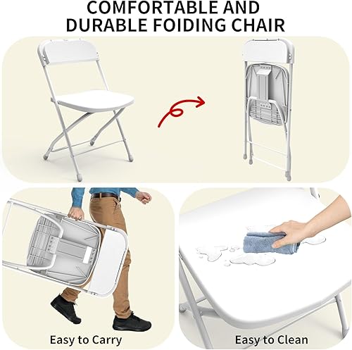 Miniatura 5 de SHGJ&SOFT Set of 4 Folding Chairs, Plastic Seat and Backrest, Black Metal Frame Chair, Suitable for Indoor and Outdoor,Capacity 350 lbs (White,