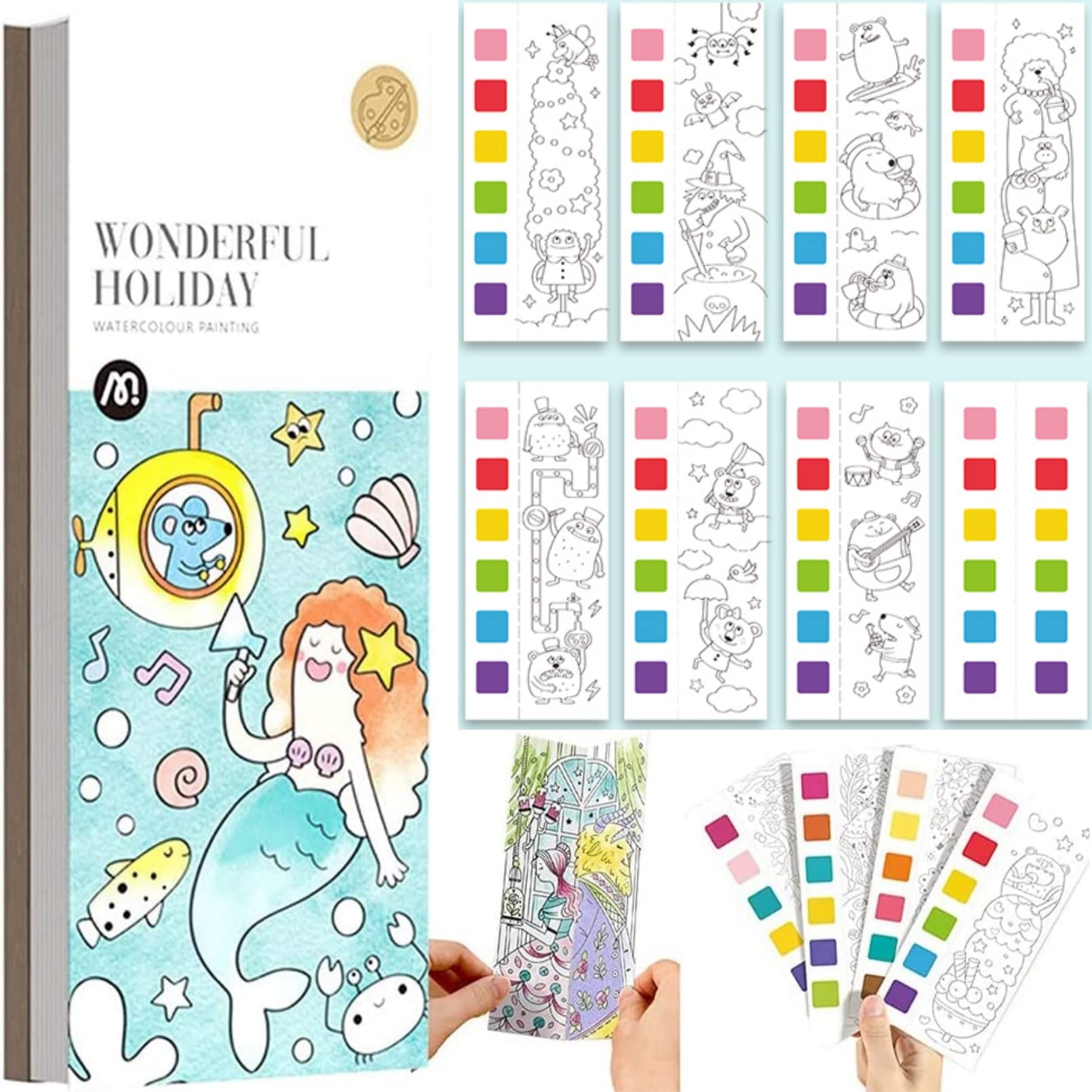 AM ANNA Pocket Watercolor Painting Book for Kids, 20 Sheet Travel Pocket Watercolor Kit,Watercolor Paint Bookmark Kit for Kids Art,Hand Book Travel Watercolor Journals (Wonderful Holiday)