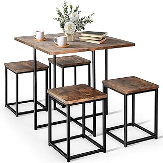 COSTWAY 5 Piece Dining Table Set, Counter Kitchen Table and Chair Set for 4 Includes 1 Square Table and 4 Stools, Space-Sa...