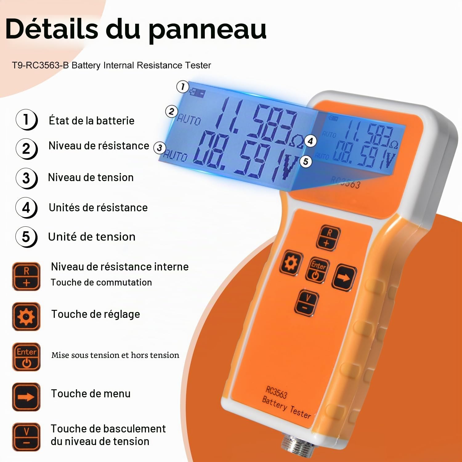 Testeur de Résistance Interne Batterie 1uΩ à 200Ω, 0 à ± 100V CC, Mesureur de Tension Portable avec Sonde, Analyseur de Batterie Interne pour Batteries Li, Zine, Pb-acide, Ni-CD, et Li-Fe RC3563