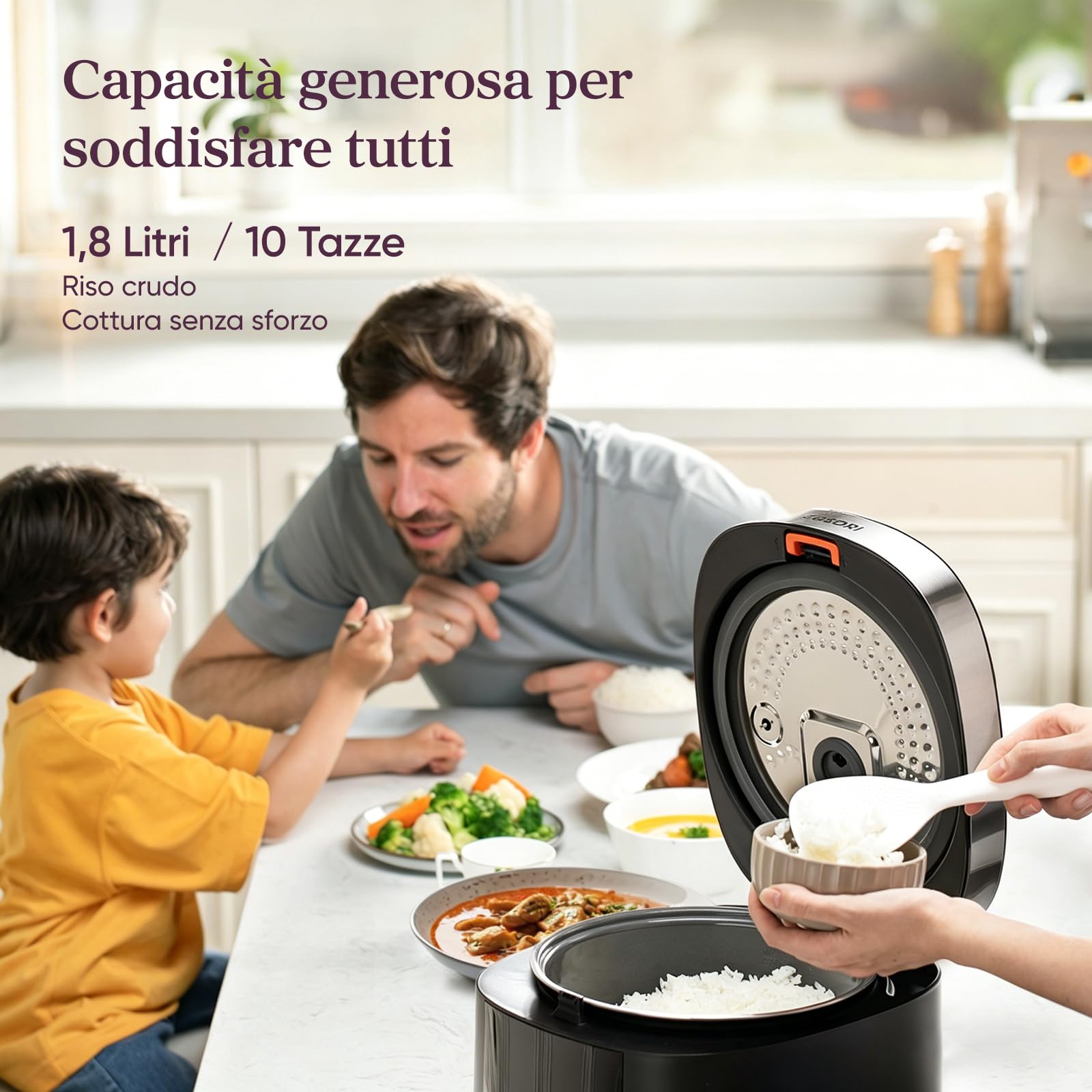 COSORI Cuociriso Elettrico 1,8L, 17 Programmi, Pentola Cuociriso, Ceramico | 1-10 Persone e Logica Fuzzy, Vaporiera con Cestello in Acciaio Inox, Timer e Mantenimento Calore, 50 Ricette incluse
