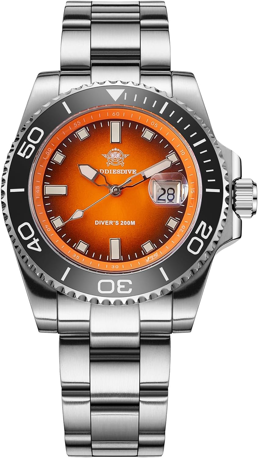ADDIESDIVE 41 MM Mens Dive Watch Quartz Movement Watches for Men Easy to Read Dial 200 M Waterproof BGW9 Luminous Analog Orange/Red/Green/Black Gradient Dial