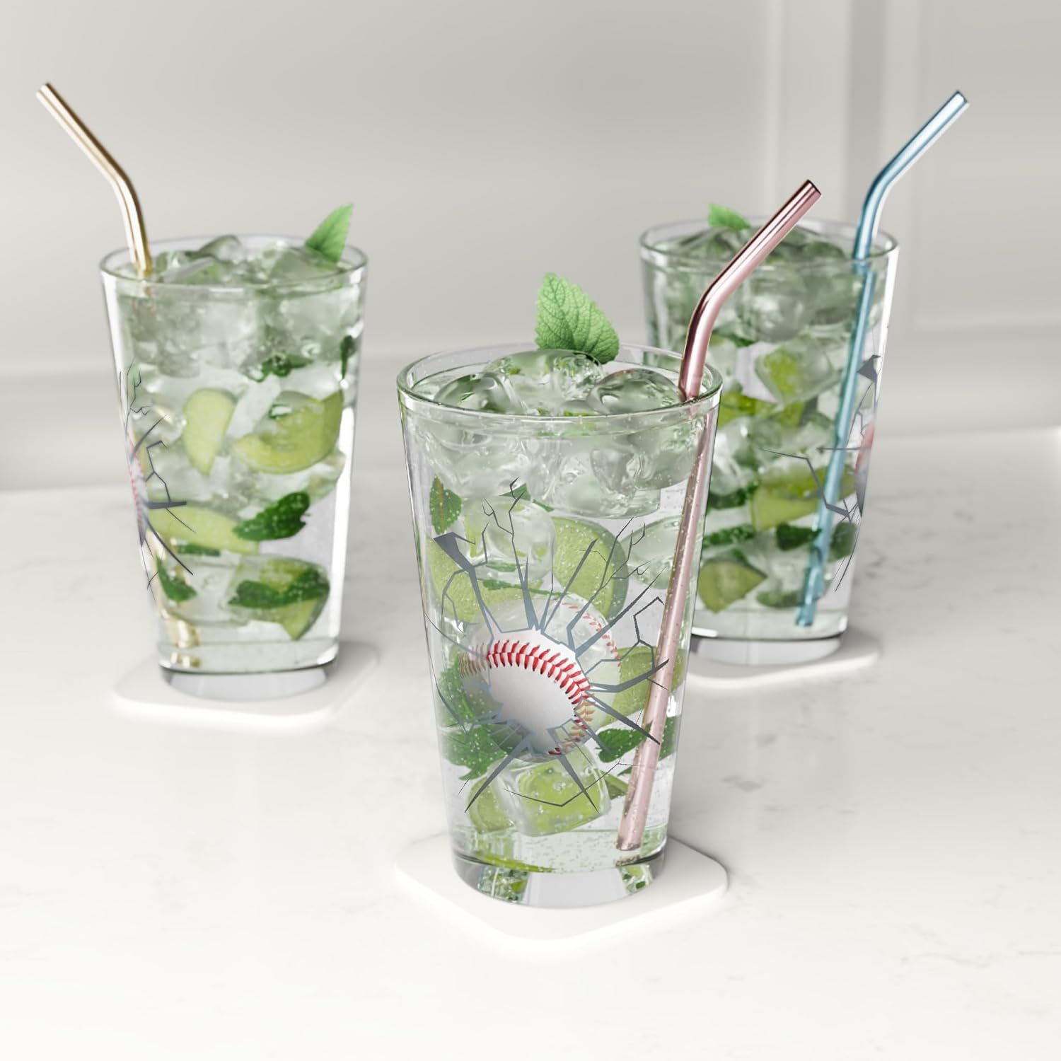 Sports Pint Glass, Smash Through Ball Shatter Effect Beer Glasses (6, Baseball)