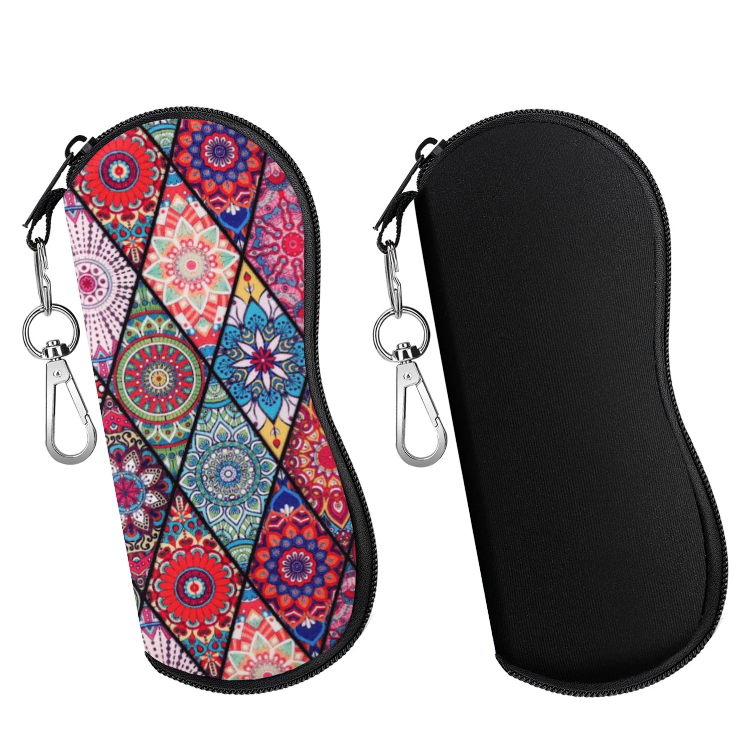 Moko Black + Rhombic Mandala Sunglasses Soft Case 2 Pack, Ultra Light Portable Neoprene Zipper Glasses Soft Case, Eyeglass Safety Pouch Zipper Box Case With Belt Clip,