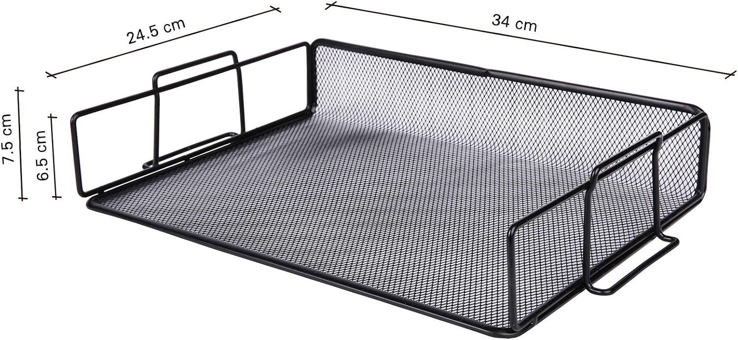 Exerz Letter Trays 2pcs Stackable Paper Sorter/Desk Organiser/File Tray for Desk - Wire Mesh Metal File Rack - Office, School, Home Study - EX62005 (Black)