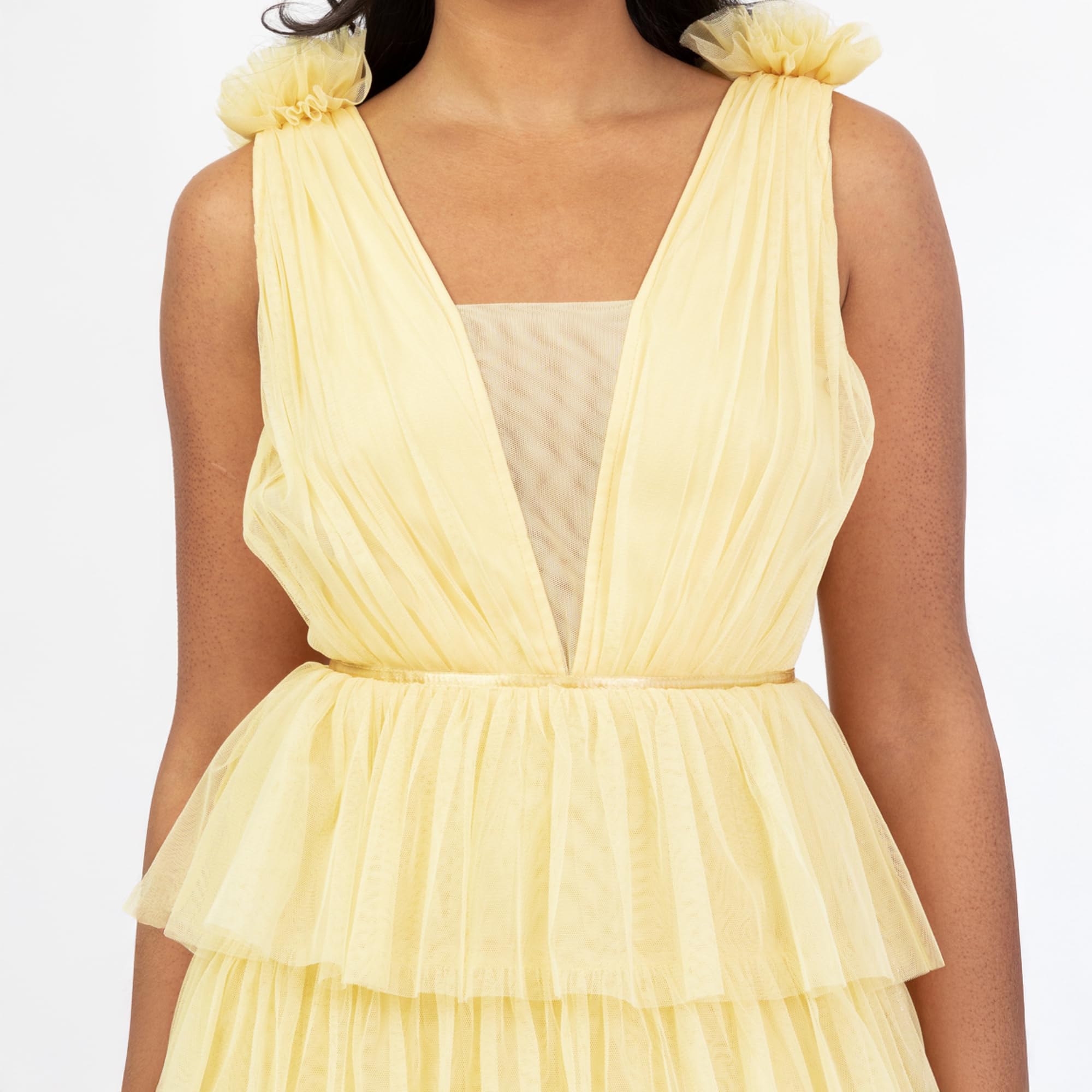 Women's Maxi Dress Ladies Recycled Sleeveless Plunge Front Ruffle Tiered Skirt A-line Wedding Guest Bridesmaid Ball Gown