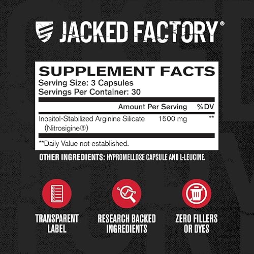 Miniatura 6 de Jacked Factory Essentials - Potenciador de óxido nítrico, silicato de L-arginina patentado de 1500 mg para antes del entrenamiento para crecimiento