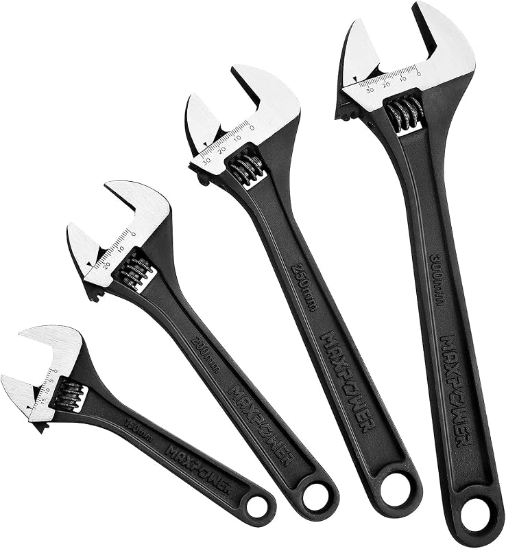 Juego de llaves ajustables MAXPOWER, forjadas, tratadas térmicamente, llaves ajustables con acabado de fosfato negro, paquete de 4 (6 pulgadas, 8 pulgadas, 10 pulgadas, 12 pulgadas)