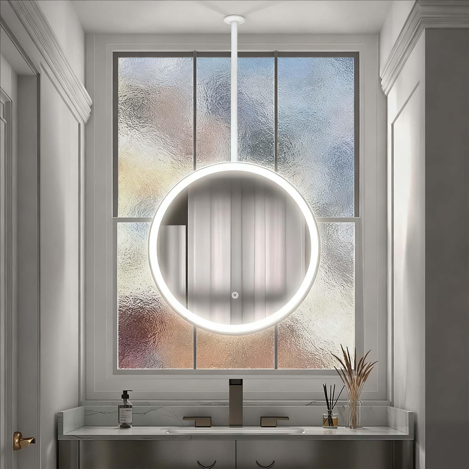 GLJTUO Metal Pole Ceiling Suspended Mirror, Black/White/Gold Frame Circle Mirrors, Decorative Wall Mirror for Bathroom, Vanity, Living Room, Bedroom,White-1L x 1W cm