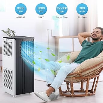 8000 BTUs Portable Air Conditioner - 3-in-1 Air Conditioners with Cooling, Dehumidifying & Fan Modes, 300 CFM, Mobile AC Unit for Rooms Ultra Quiet, Temperature Control 61-88F, Black Top Cover