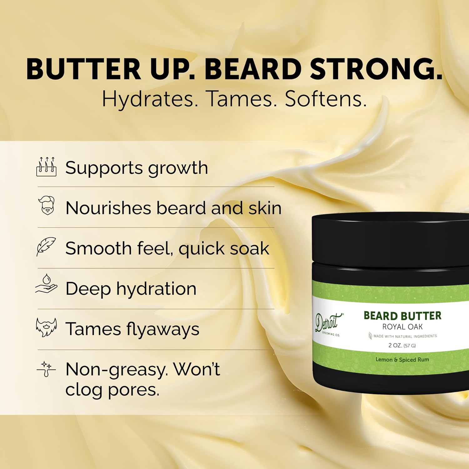 Detroit Grooming Co. Beard Butter for Men | Softens, Thickens & Hydrates with Safflower Oil & Shea Butter | Royal Oak Scent, 2oz - Image 2