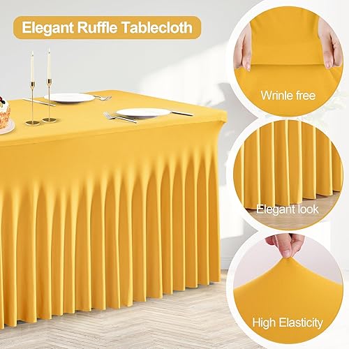 Miniatura 3 de Faldas de mesa de elastano dorado para mesas rectangulares de 4 pies, mantel plegable elástico dorado para bodas, fiestas de cumpleaños, banquetes,