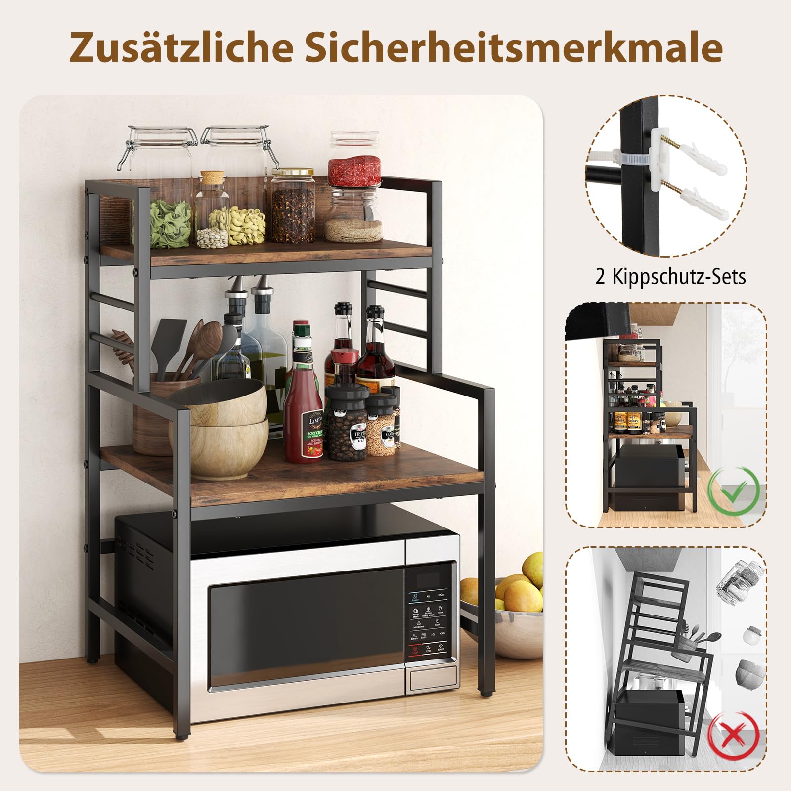 COSTWAY 3 Stufiges Mikrowellenregal, Mikrowellenständer mit 2 offenen Ablagen & Metallrahmen, Küchenregal stehend, Mikrowellenhalter industriell bis 50 kg Belastbar, 52 x 42 x 78 cm