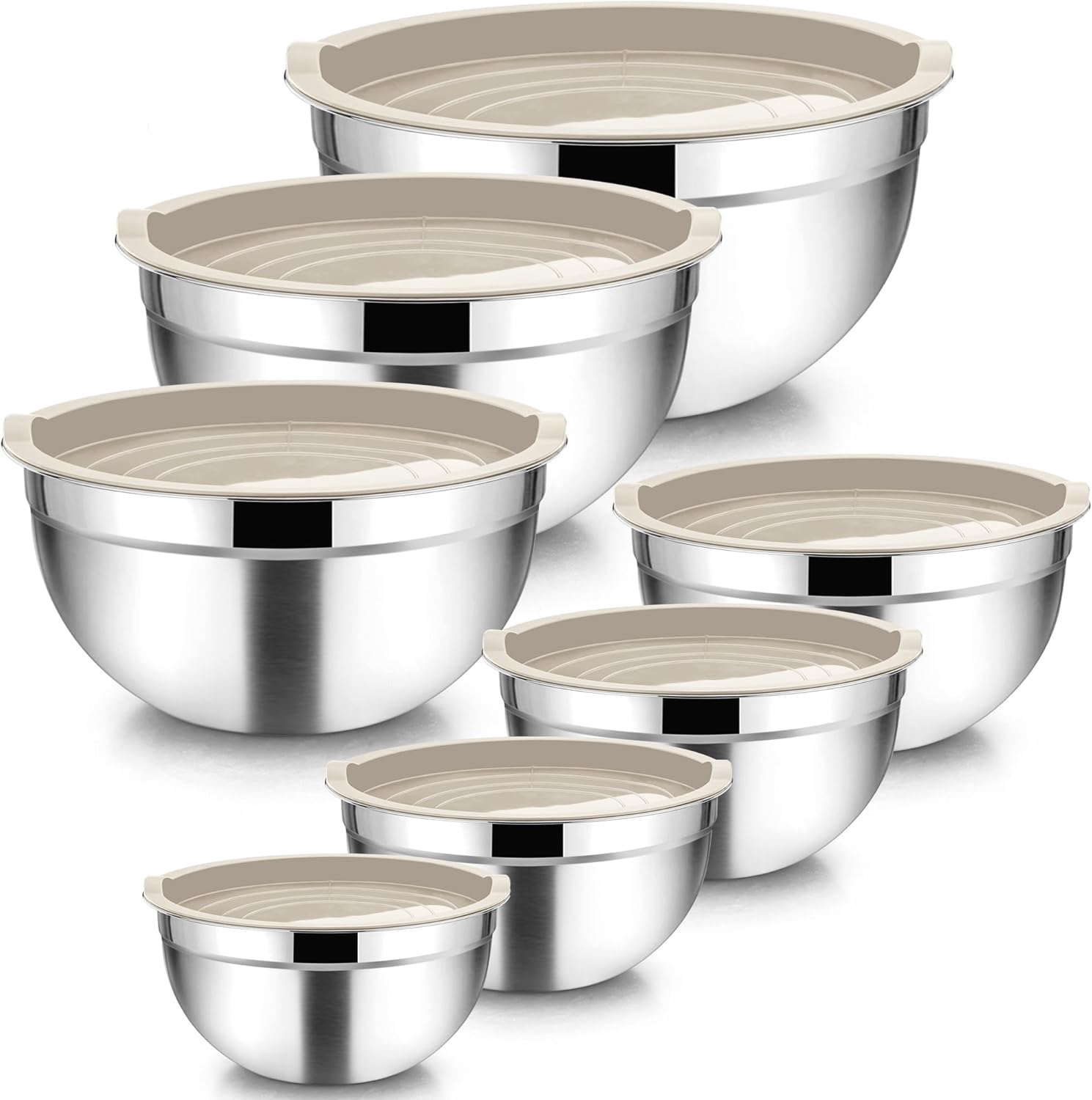 TeamFar Mixing Bowls with Lids, 7 Pieces Stainless Steel Metal Nesting Salad Bowls for Baking Prepping Serving, 7, 4.5, 3, 2.5, 1.5, 1.2, 0.7 QT, Non-Toxic & Sturdy, Airtight Lid & Easy Clean, Khaki