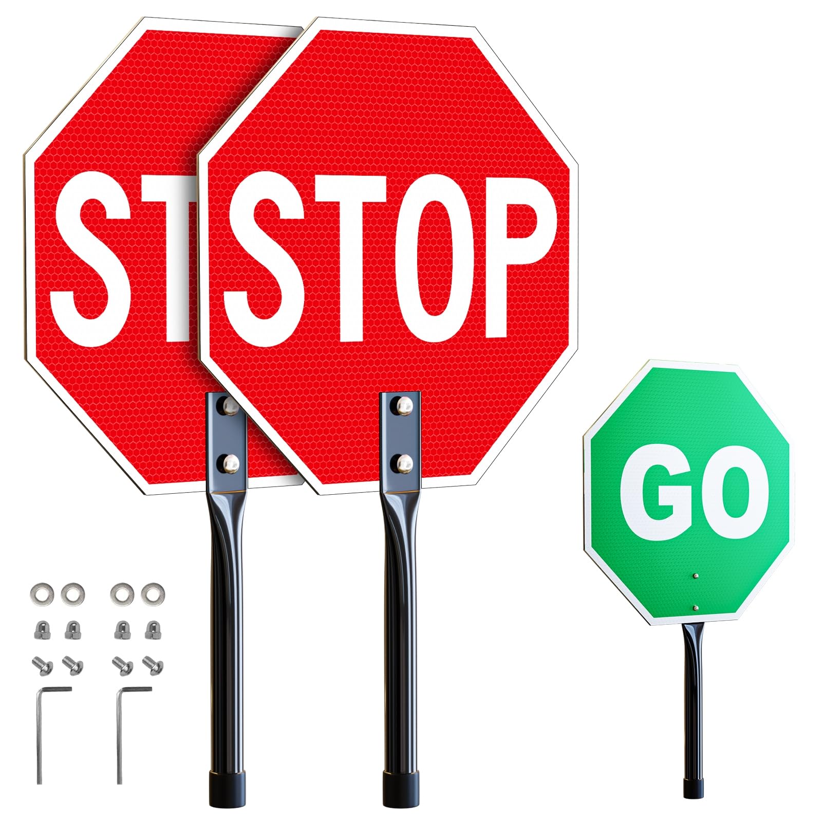 Photo 1 of (2 Pack) Stop Go Sign with Handle, 12 x 12 Inches Rust Free Aluminum Reflective, Guard Stop/Go Handheld Traffic Sign for Guiding Traffic Street Safety, Double Sided, Weather Resistant, Waterproof