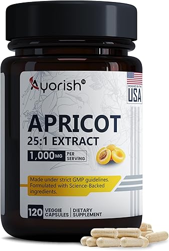 Extracto de albaricoque 25:1, 500 mg por cápsula 1000 mg por porción Suplemento de hierbas de apoyo inmunológico (paquete de 1) (120 cápsulas)