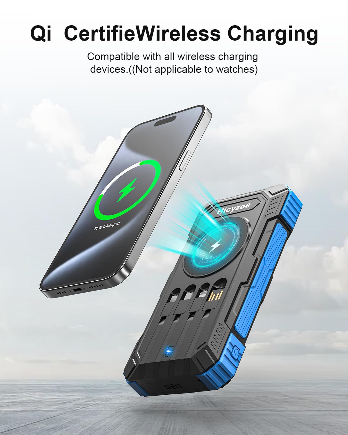 Solar Powerbank, 26800 mAh Tragbares Ladegerät mit 4 Integrierten Kabeln, Solar-Akkuladegerät mit USB-C Schnellladung, Qi-Wireless-Charging mit LED-Taschenlampen für Handys, Tablets und Camping