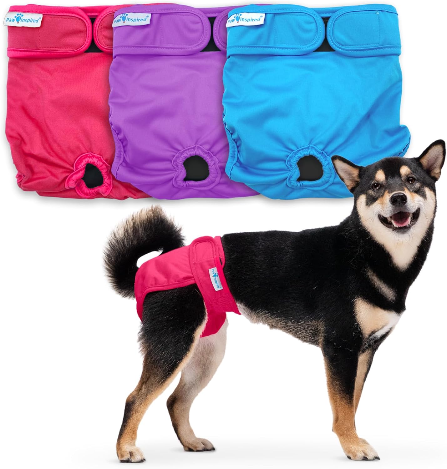Paw Inspired Washable Dog Diapers (3 Pack) | Reusable Cloth Doggy Diapers for Female Small, Medium, Large Size Dogs (Pink, Blue, Purple Colors with Black Lining, Size Medium)