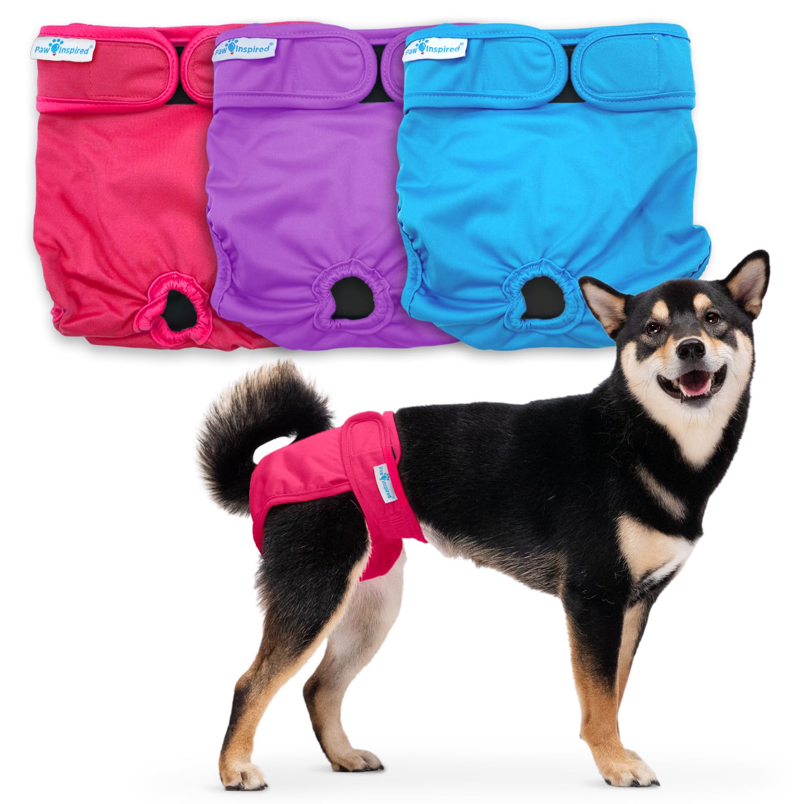 Paw Inspired Washable Dog Diapers (3 Pack) | Reusable Cloth Doggy Diapers for Female Small, Medium, Large Size Dogs (Pink, Blue, Purple Colors with