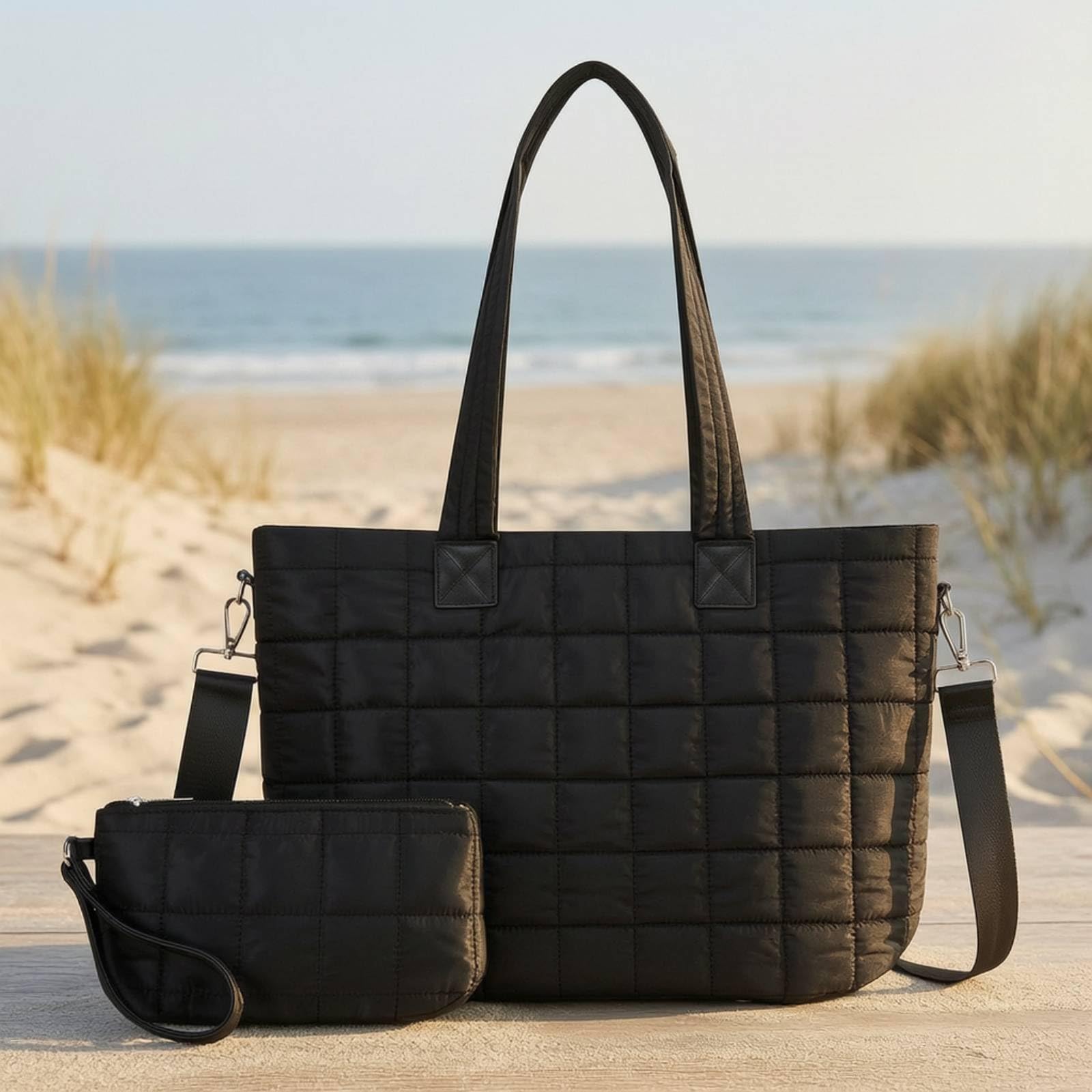 Amagogo Bolso Acolchado de Mujer Bolsa Tote Bolso de Hombro Cartera Bandolera con Estuche Asa Larga Compartimento para Portátil Bolsillos Antiderrames