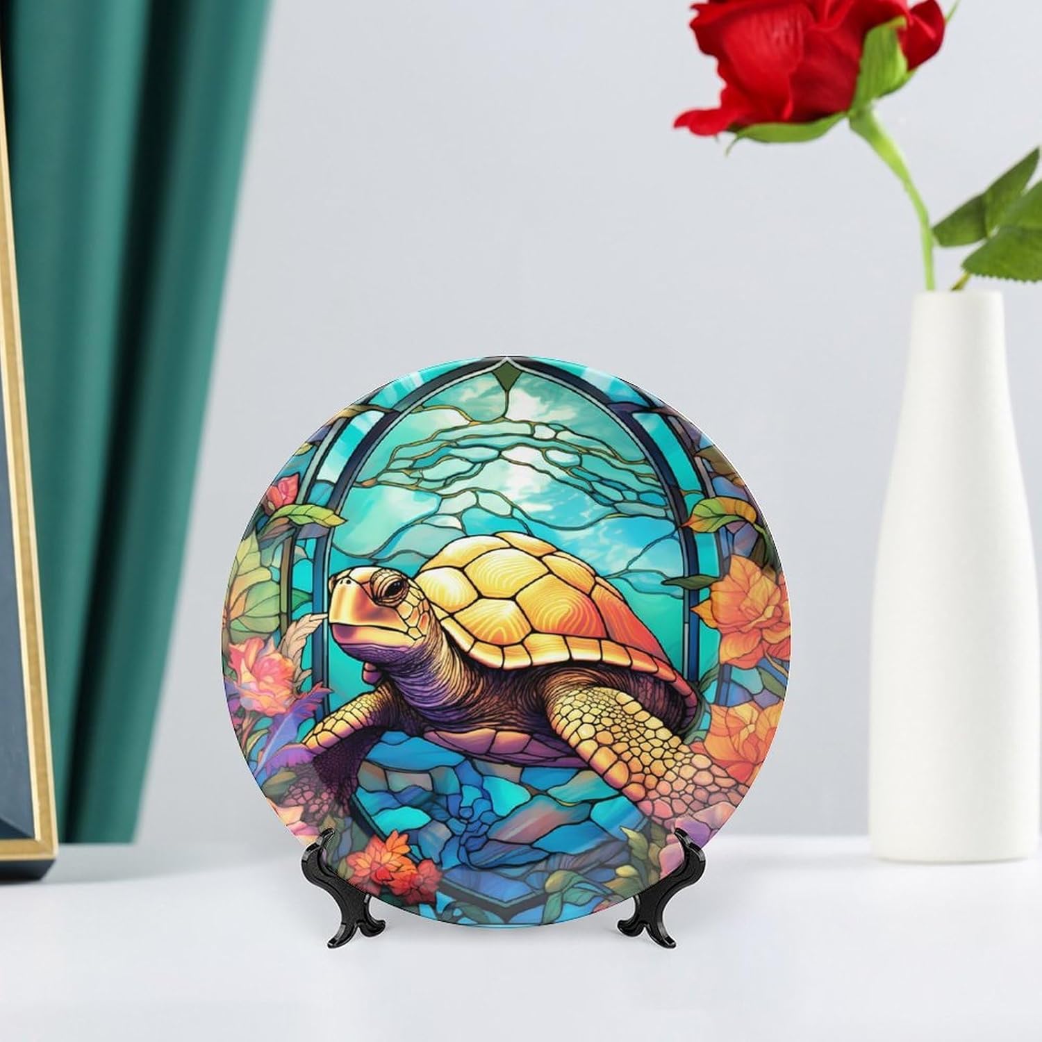 Decorative Plates, Ocean Turtle & Floral Stained Glass Painting Display Plate for Home Office Kitchen Table Decor Porcelain Plates 7 Inch, Gifts for Turtle Lovers