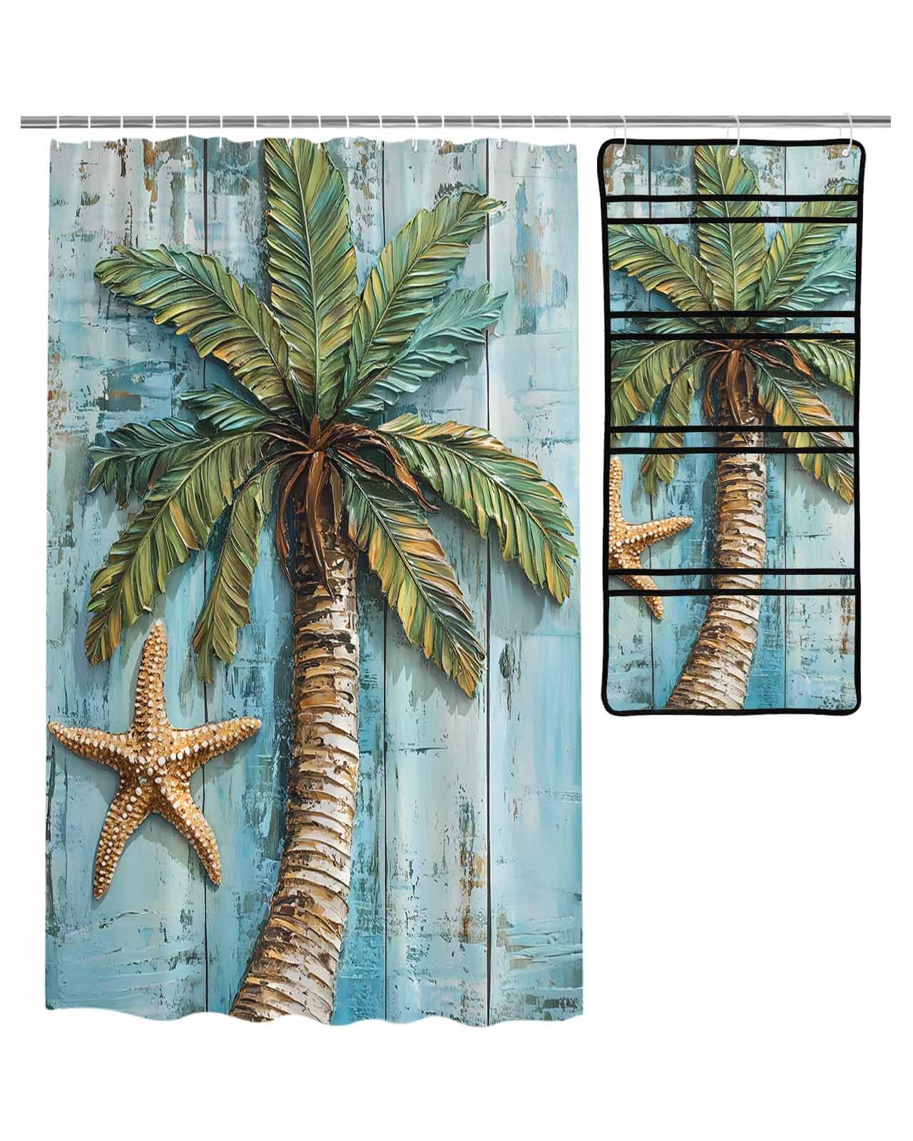 ZFUNCING Shower Curtain Mesh Shower Organizer Set Vintage Coconut Tree Starfish Waterproof Bath Curtains Hanging Shower Caddy Bathroom