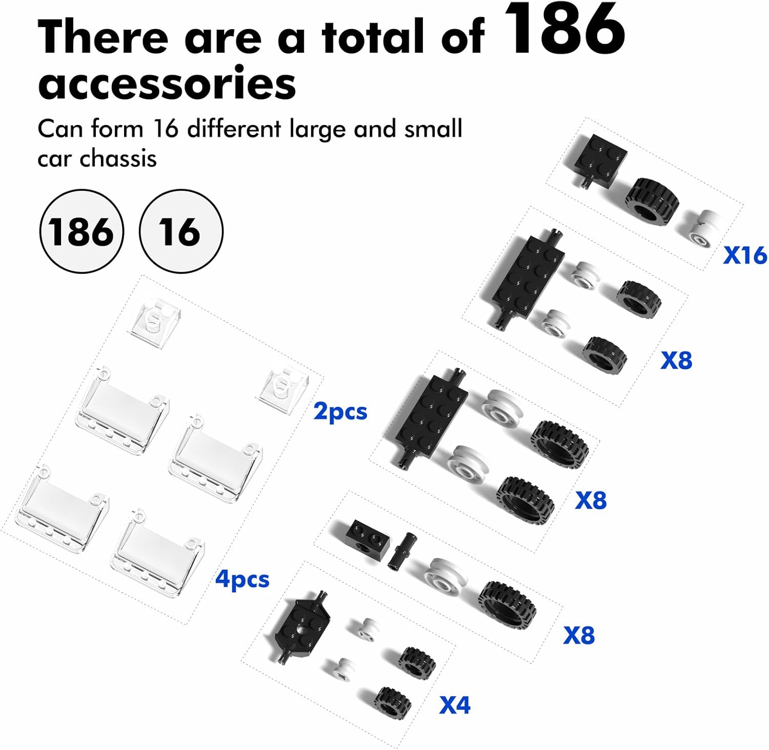 Wheels and Axles Sets Tires Building Kit with Windshield, Compatible with Lego Wheels and Axles, 186 Pcs Car Parts and Classic Pieces Accessories, Bulk Bricks Sets Education Construction Toys