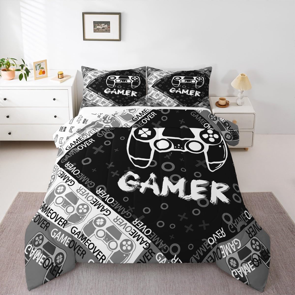 Feelyou Kids Gamer Comforter Set for Boys Teens, Black Gaming Bedding Sets King Size Video Game Controller Reversible Quilt Set All Season Home Decor with 2 Pillowcases image 4