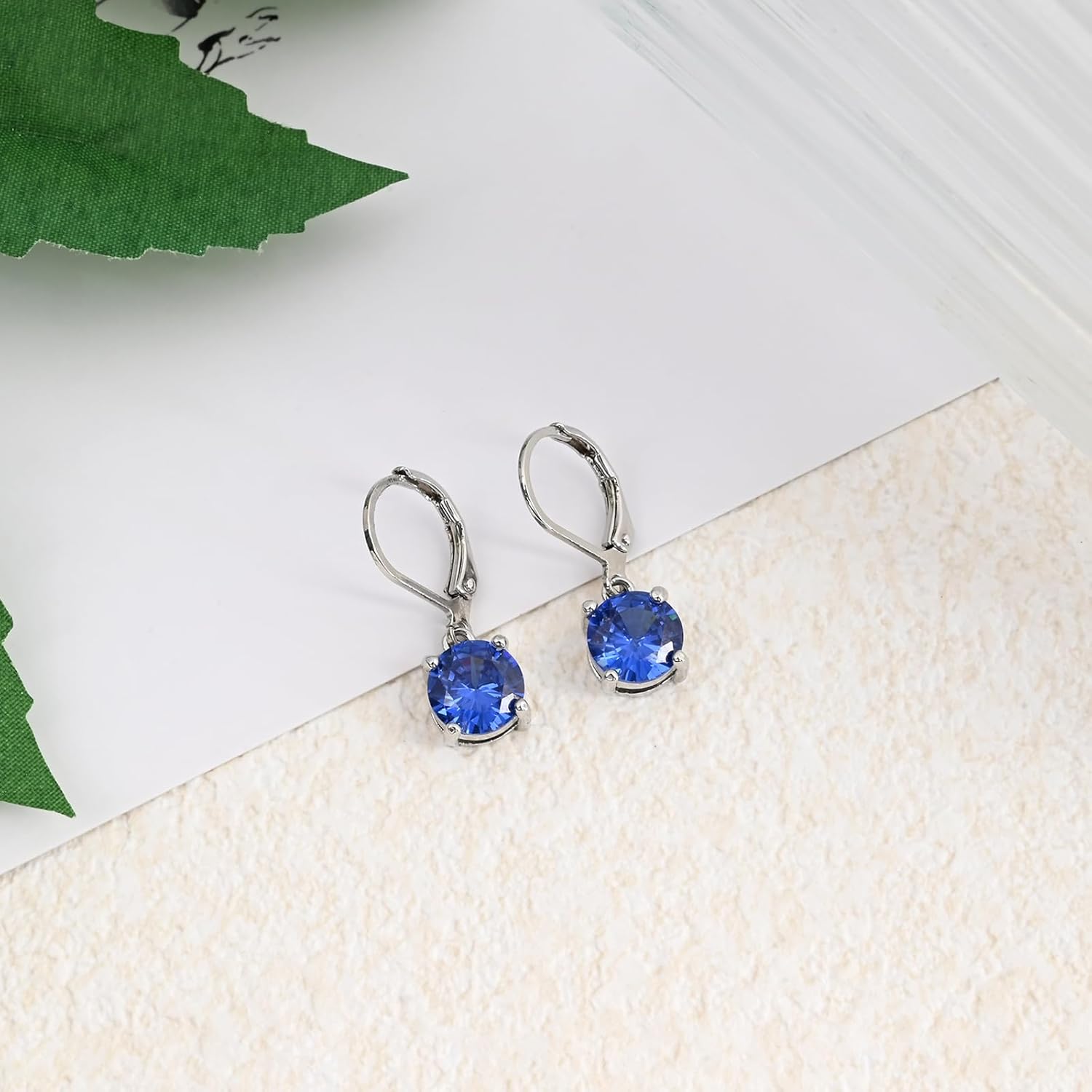 8MM Round Crystal Leverback Earrings, Vintage Style Birthstone Jewelry for Women, Sapphire, Garnet, Emerald Fashion Drop Dangle Earrings - Image 6