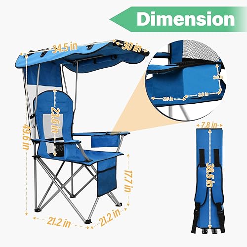 Miniatura 10 de BDL Silla de camping con toldo plegable portátil con soporte para tazas, persianas laterales, bolsillo lateral para campamento, playa, pesca,