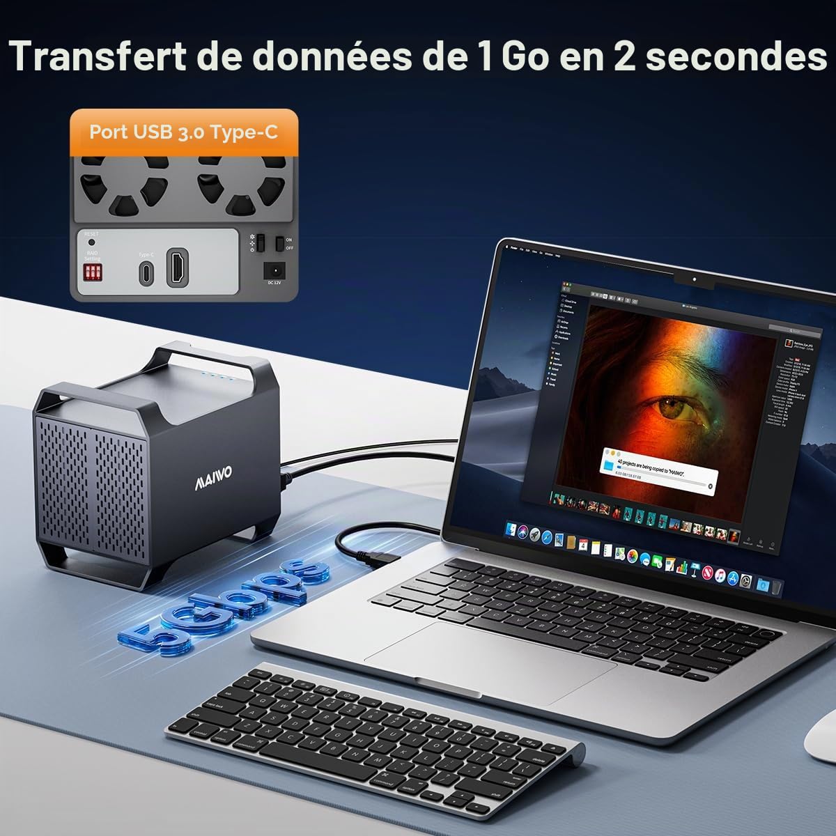 MAIWO Boîtier RAID 4 baies pour disque dur SATA 3,5" avec ventilateur de refroidissement, câble USB A-C 3.0 et C-C inclus, prend en charge Raid Normal, 0,3,5,1/10, Clone/Large (Jbod) et capacité de 96