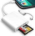 SD Card Reader for iPhone iPad, Oyuiasle Digital Trail Camera SD Card Viewer with Dual Slot for MicroSD/SD, Lightening&USBC Dual-Connector Memory Card Adapter for Photography, Plug and Play