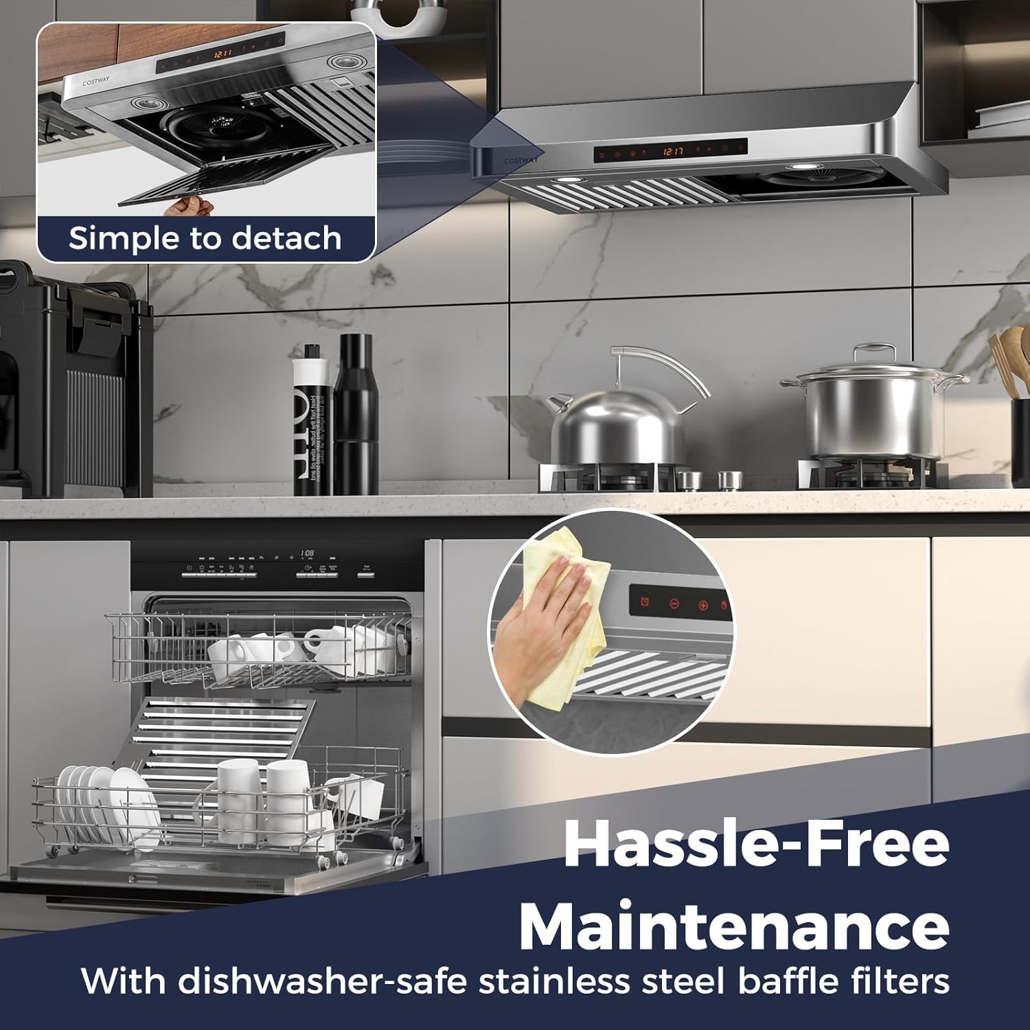 COSTWAY 30 Inch Under Cabinet Range Hood, 900 CFM Kitchen Vent w/ 4 Speed, Adjustable LED Lights & Time Setting, Gesture/Touch/Remote Control, 3 min Delay Shut-Off, with 2 Pcs Baffle Filters