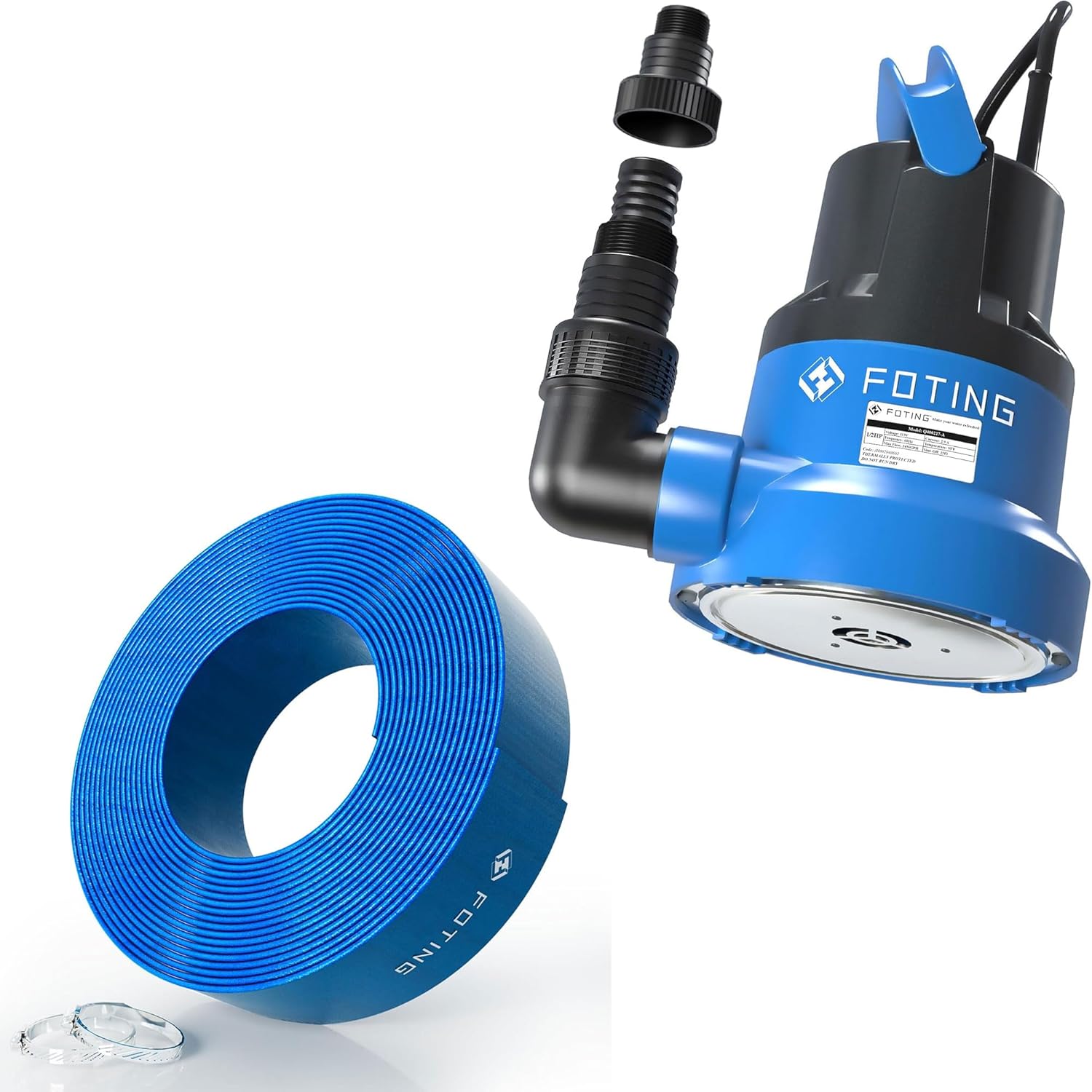 FOTING Sump Pump with 100FT Pool Backwash Hose 1-1/2 lN, 1/2Hp clean/Dirty submersible Water Pump, 2450GPH Utility Pump