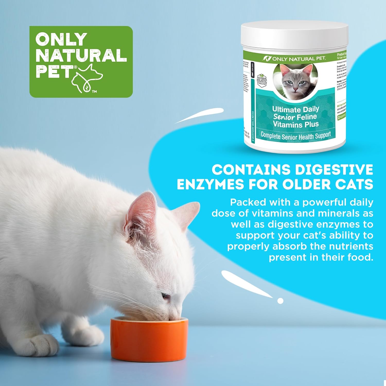 ONLY NATURAL PET Ultimate Daily Senior Feline Multivitamin w/Taurine & L-Lysine – Nutritional Supplement Powder for Adult & Older Cats – Immune & Joint Support – Complete Vitamin Formula, 3.2oz