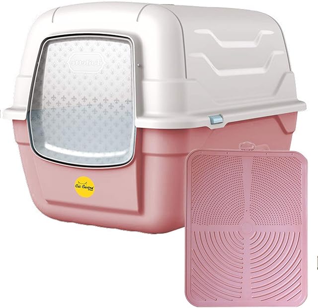 CatCentre Pink Hooded Large Litter Box Scoop Filter & Pink Mat Covered Tray Toilet Bundle