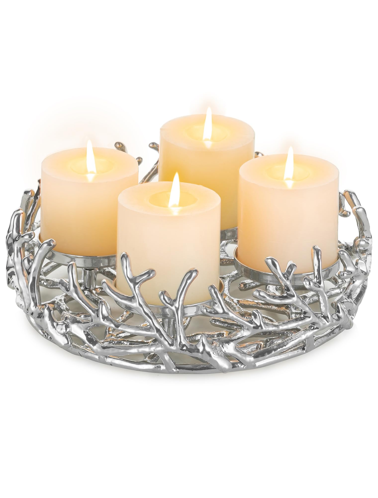 Romadedi Couronne de l'Avent Vintage en forme de bois de cerf Argent: Arrangement de couronne de l'Avent rond petit en aluminium Ø 28 cm pour 4 bougies de 8 cm de diamètre - Support de couronne de