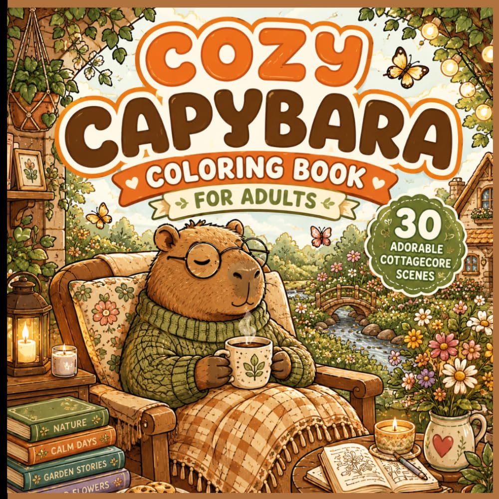 Cozy Capybara Coloring Book for Adults: 30 Adorable Cottagecore Scenes for Relaxation, Stress Relief, Mindfulness and Creative