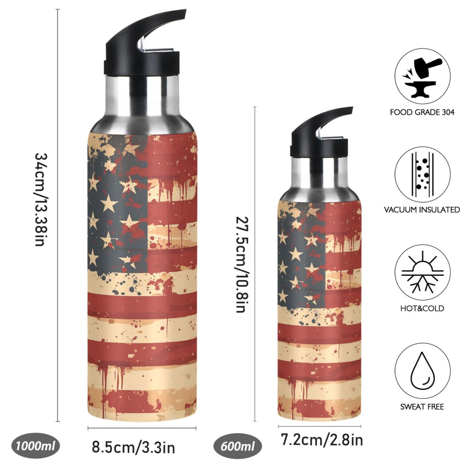 Vintage Amerikanische Flagge Trinkflasche – Edelstahl, Vakuumisoliert, 600 Ml Oder 1 L, Mit Strohhalm, BPA-frei