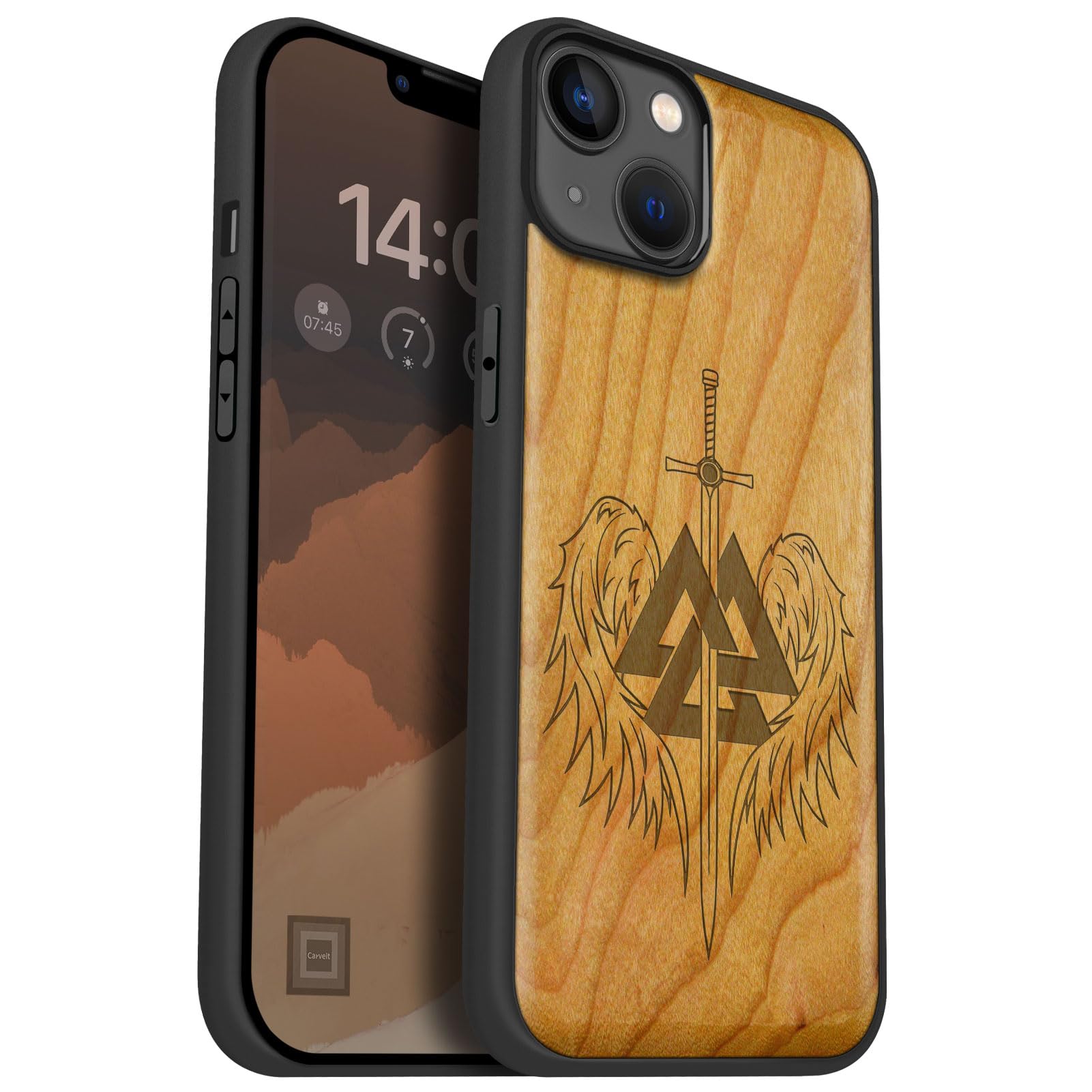 Carveit Magnetic Wood Case for iPhone 14 Plus Case [Natural Wood & Black Soft TPU] Shockproof Protective Cover Unique Wooden Case Compatible with