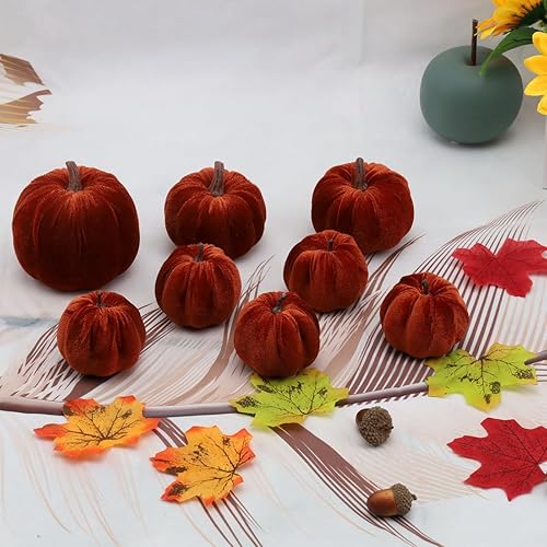 Miniatura 6 de Woration 8 calabazas artificiales de Halloween, decoración de terciopelo de tela falsa, calabaza, varios tamaños, marrón, cosecha de otoño,
