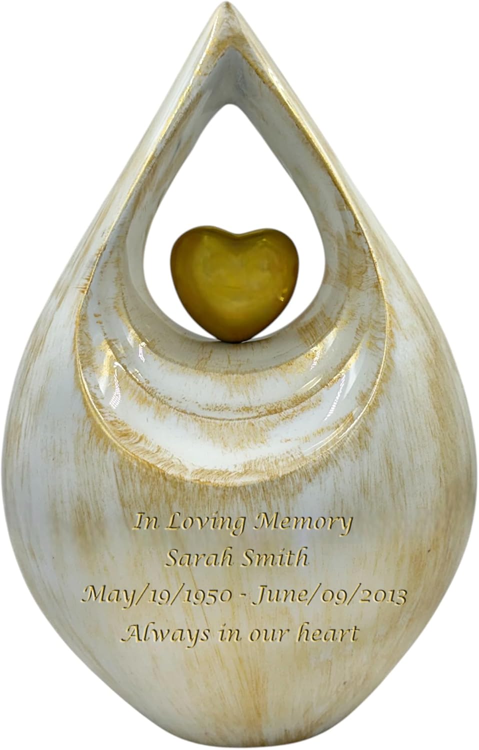 Modern Personalization Decorative Urn with Golden Heart - White and Gold Cremation Urn - Teardrop Shape Urn - Contemporary Style