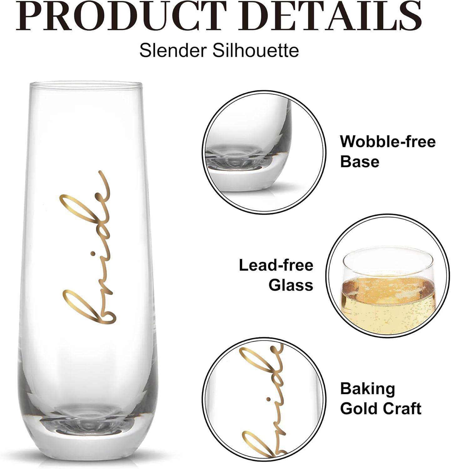 LADY&HOME Bride and Groom Stemless Champagne Flutes Set of 2, 10oz Mr and Mrs Champagne Glasses for Wedding Newlyweds Engagement(Bride and Groom) - Image 3