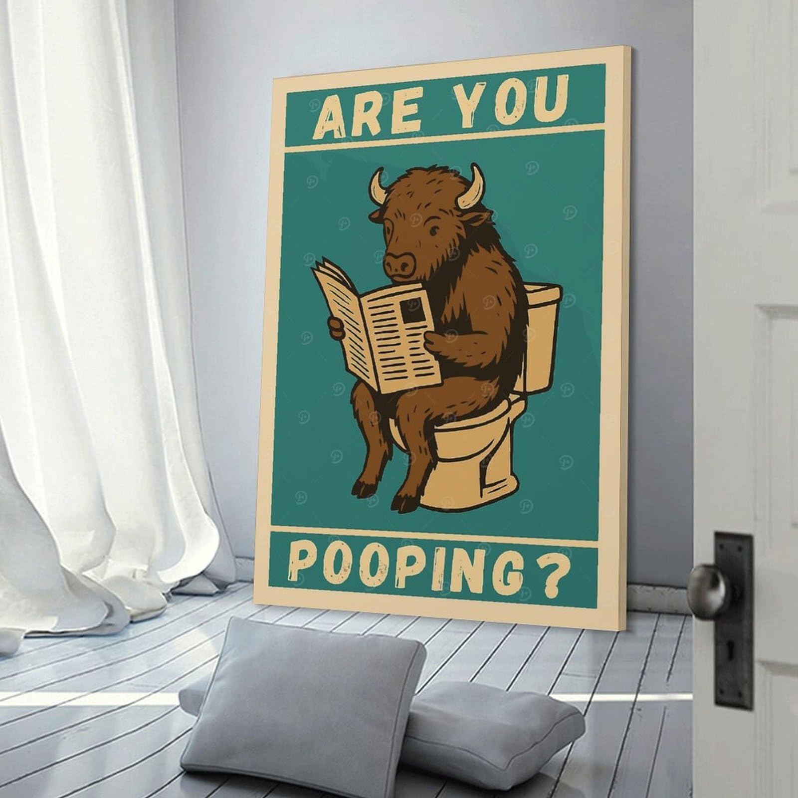 Junmoney Bison on Toilet Reading Newspaper Wall Decor Canvas Print, 20x30inch(50x75cm), for Wall Displays, Bedrooms Or Room Updates, Wall Decor Suited to Curated Displays