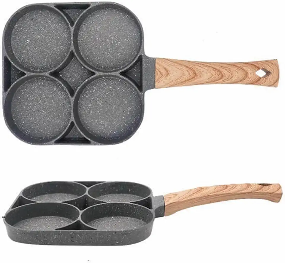 Frigideira Antiaderente 4 Furos Para Ovo Panela de ovo frito, panela de panquecacom cabo de madeira, frigideira para fazer hambúrguer 4 Em 1 Nao Gruda Resistente (3 Furos)
